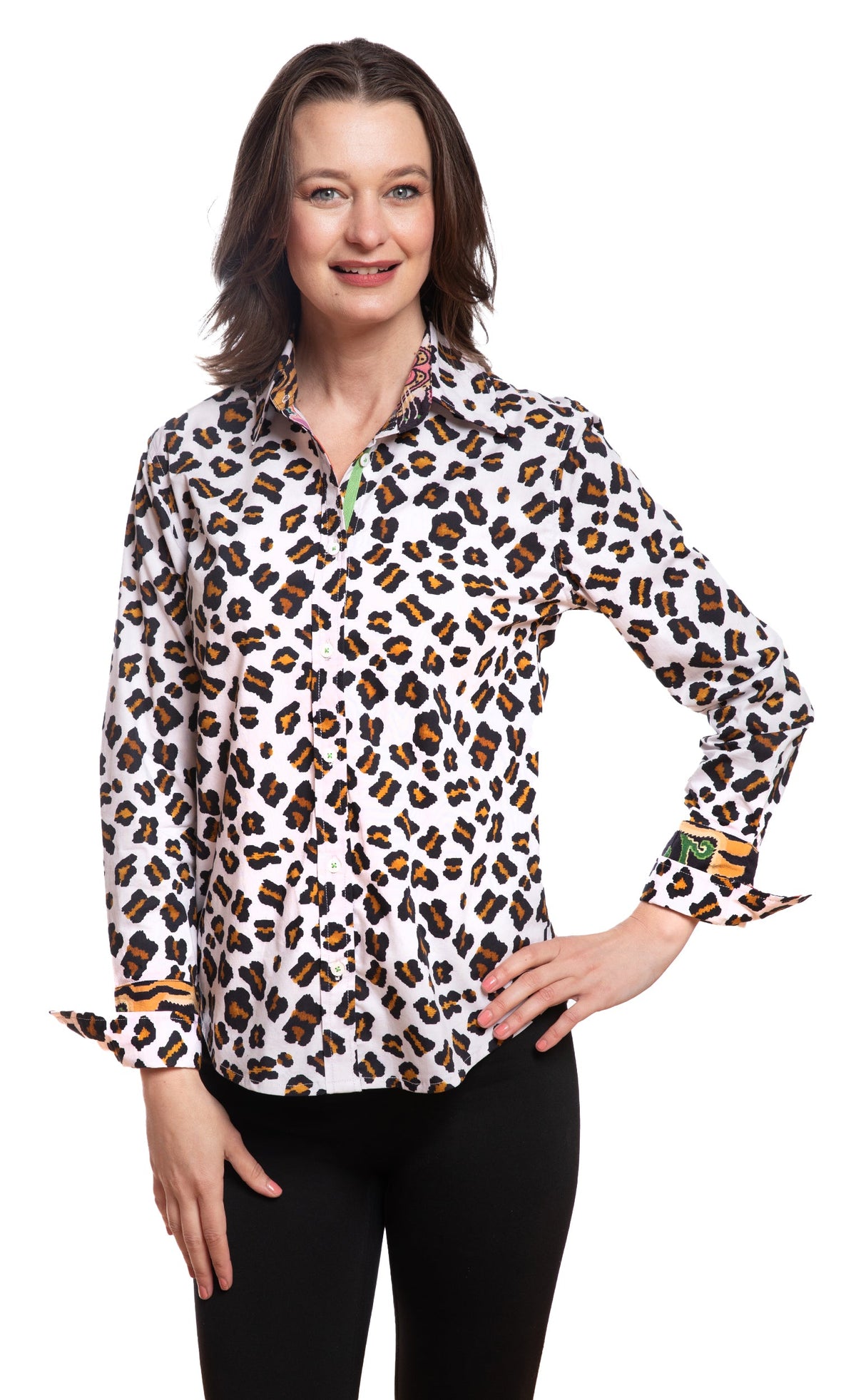 Oversized long-sleeve button-up shirt in white with multicolor dot pattern