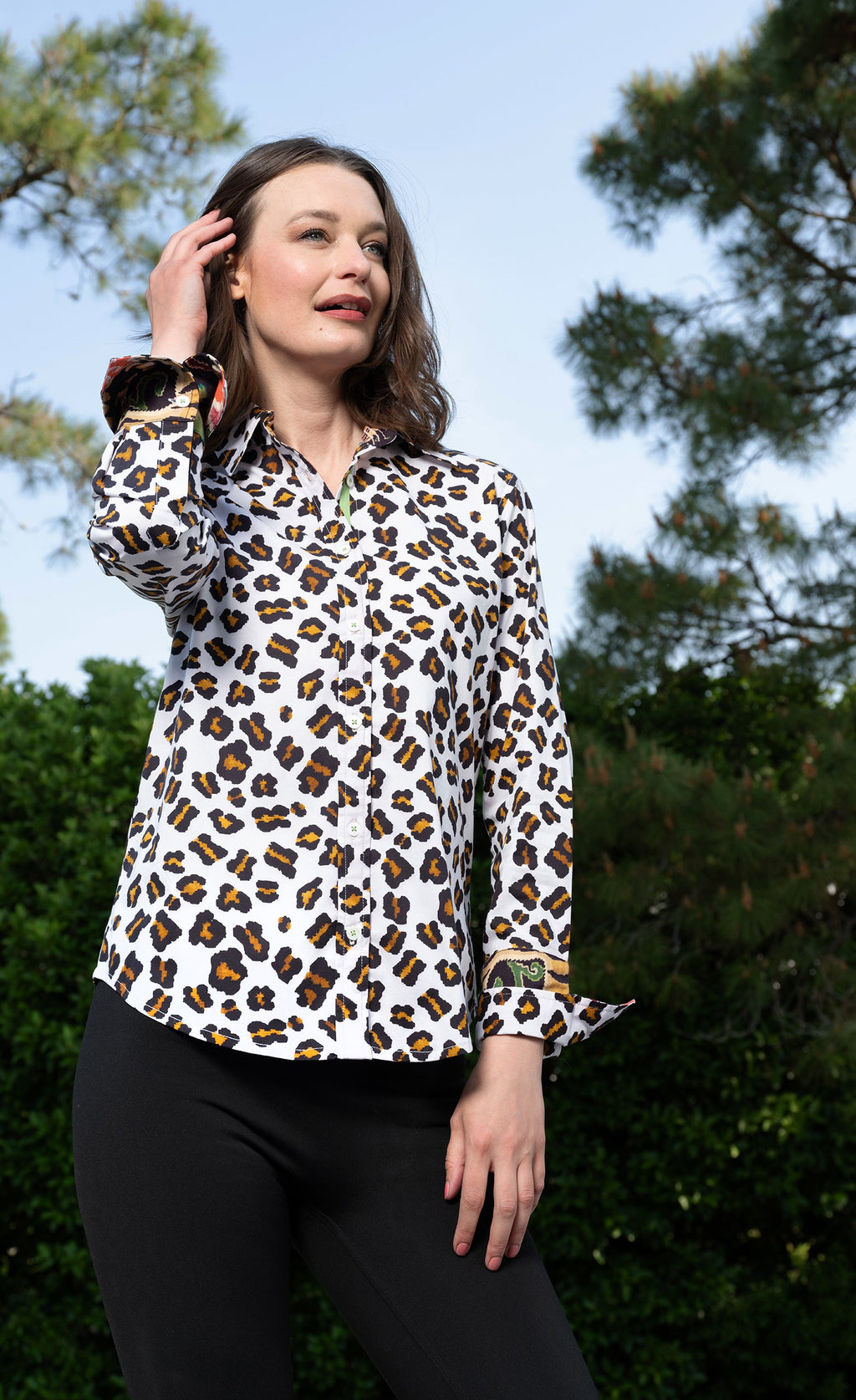 Oversized long-sleeve button-up shirt with multicolor dotted leopard print
