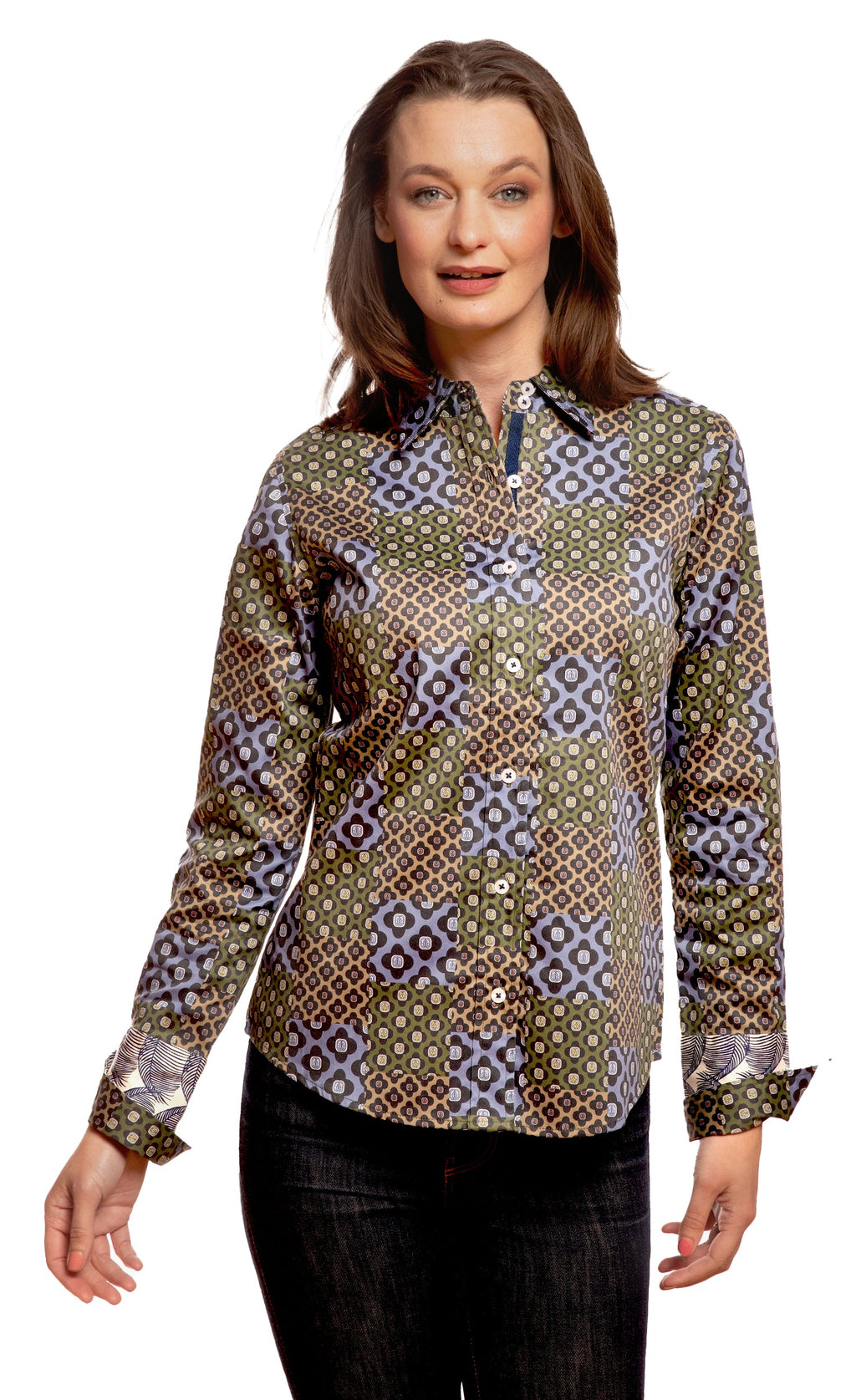 Women’s button-up shirt with navy and olive geometric foulard print, button front