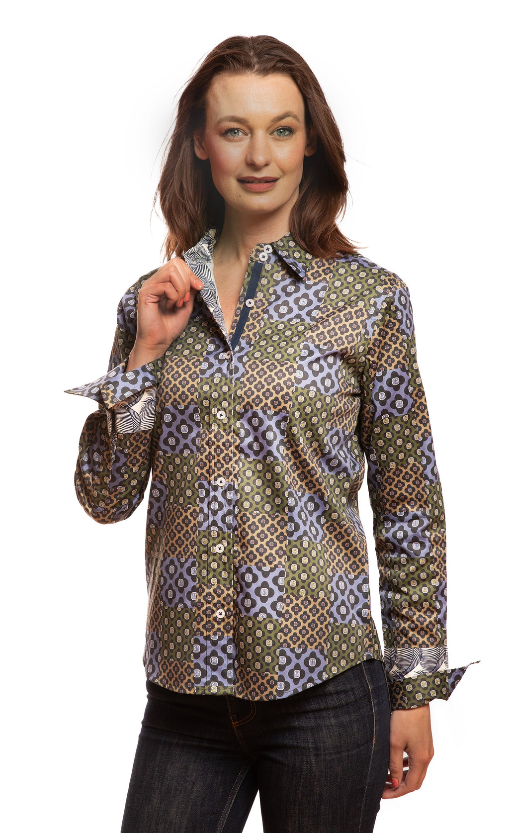 Women’s button-up shirt with repeating navy foulard geometric print and pointed collar