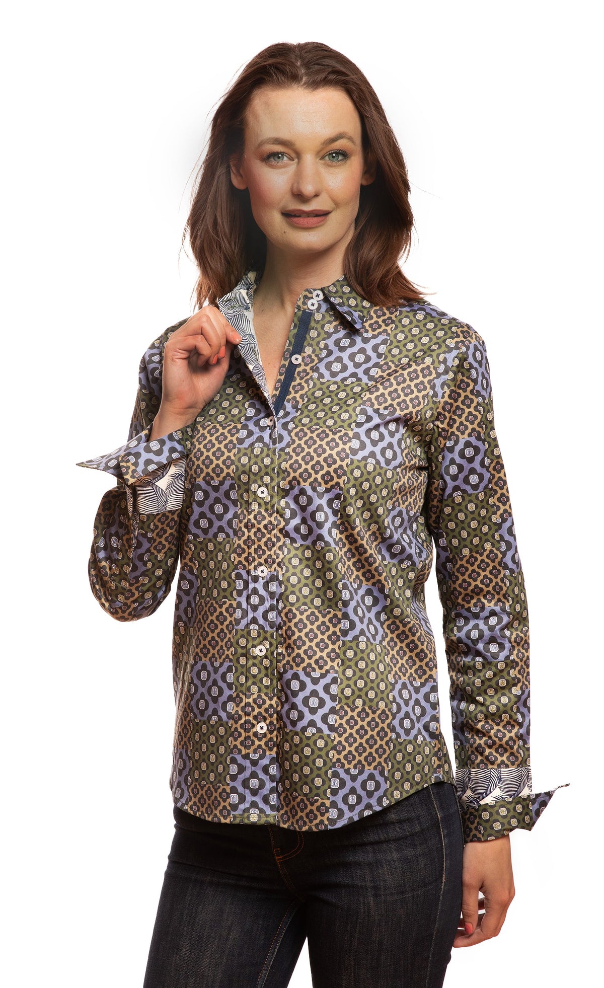 Women’s button-up shirt with repeating navy foulard geometric print and pointed collar