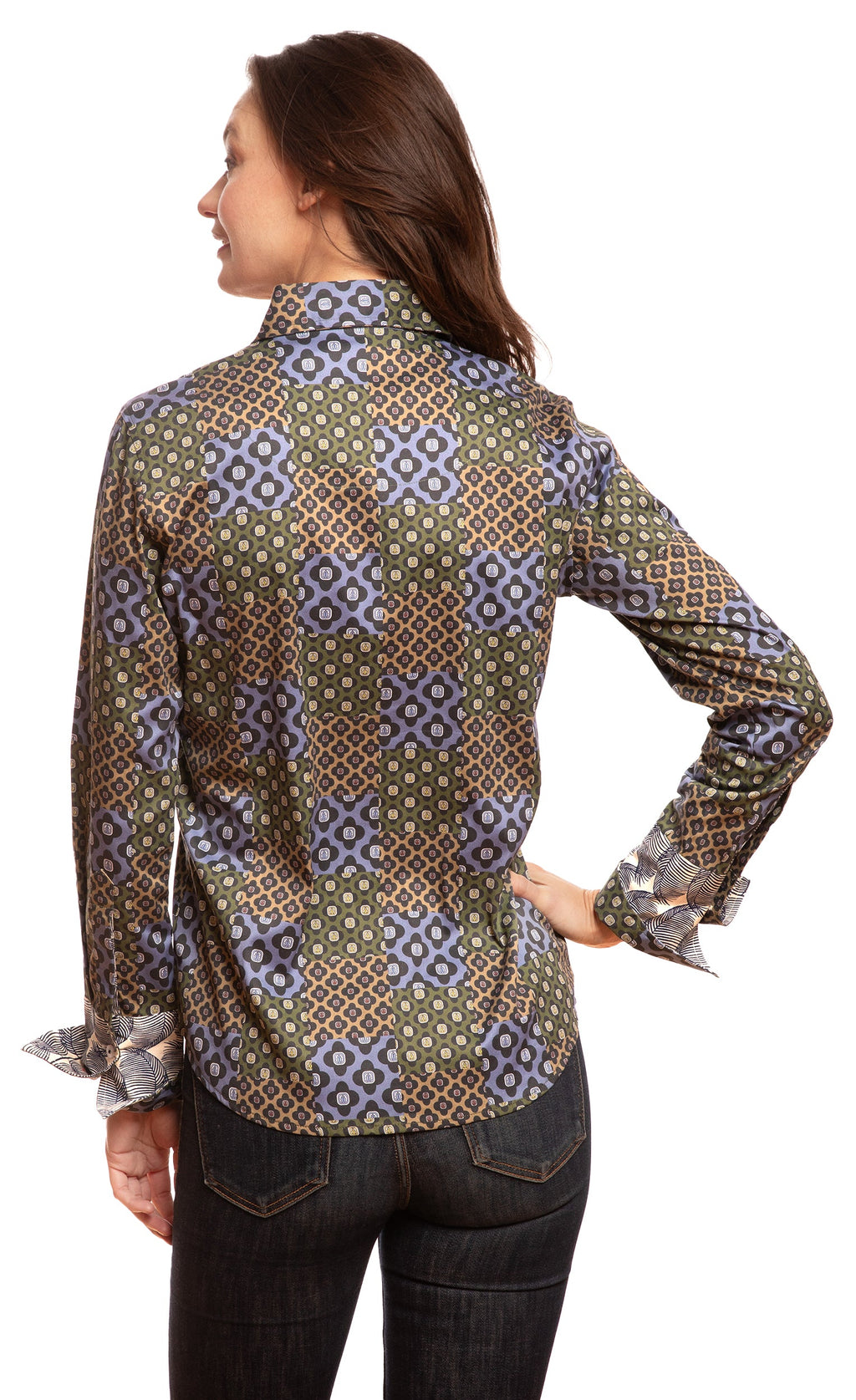 Women’s button-up shirt in navy geometric foulard print, long sleeves with cuff detail