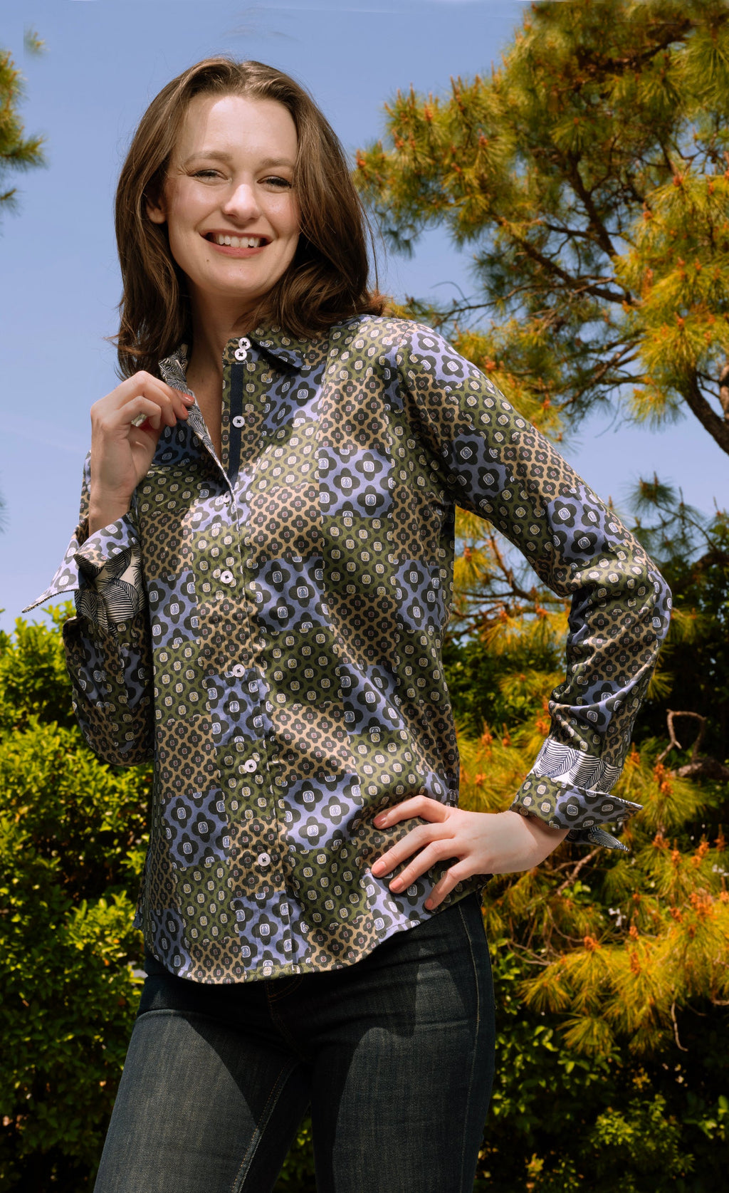 Women’s button-up shirt with geometric navy patchwork foulard print, long sleeves