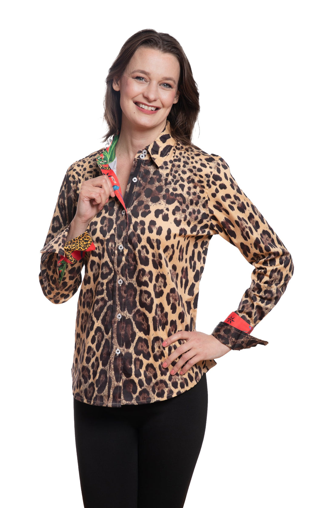 Leopard print button-up shirt with red rolled cuffs and front buttons