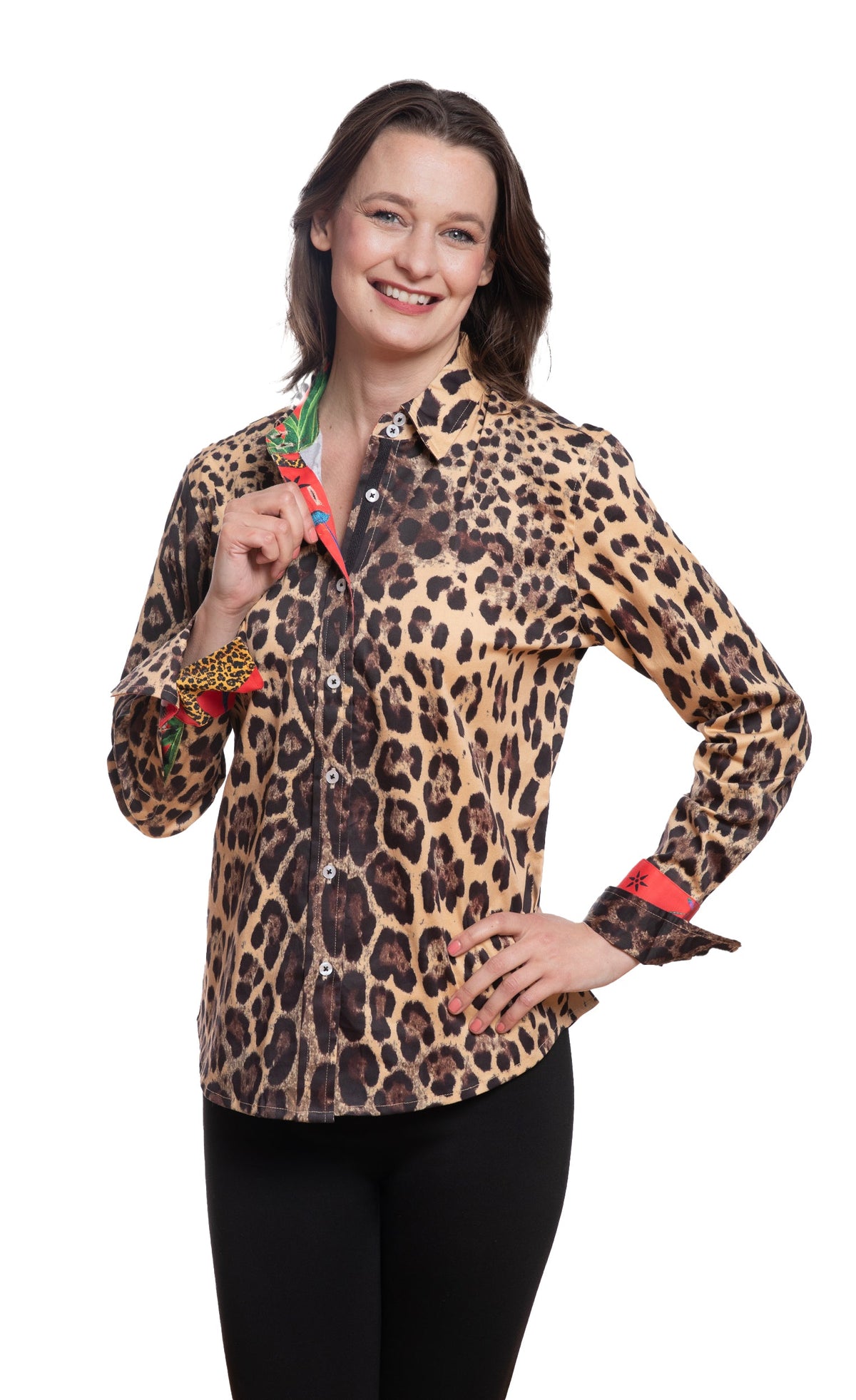 Leopard print button-up shirt with red rolled cuffs and front buttons