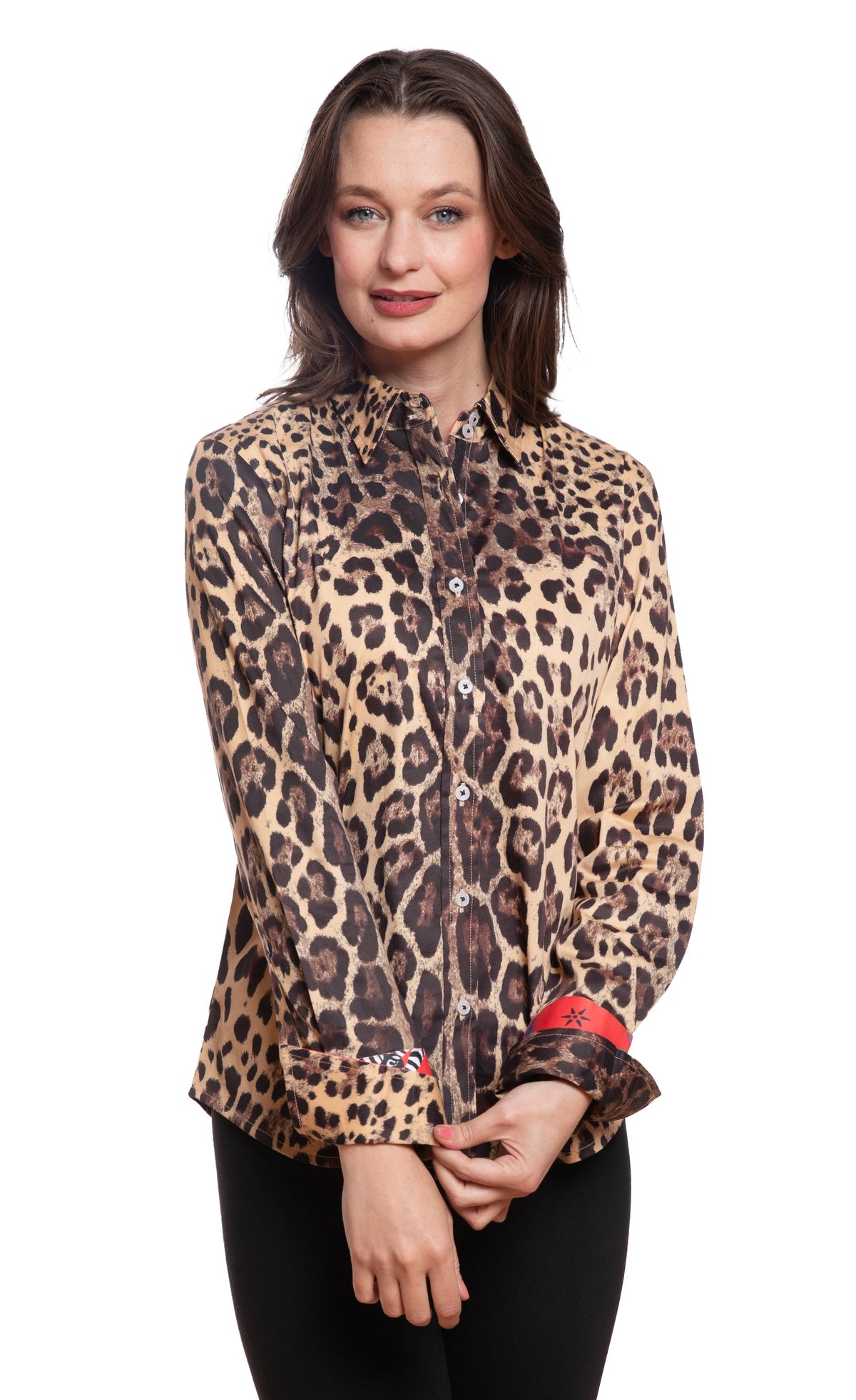 Leopard print button-up shirt with red-trim cuffs and long sleeves