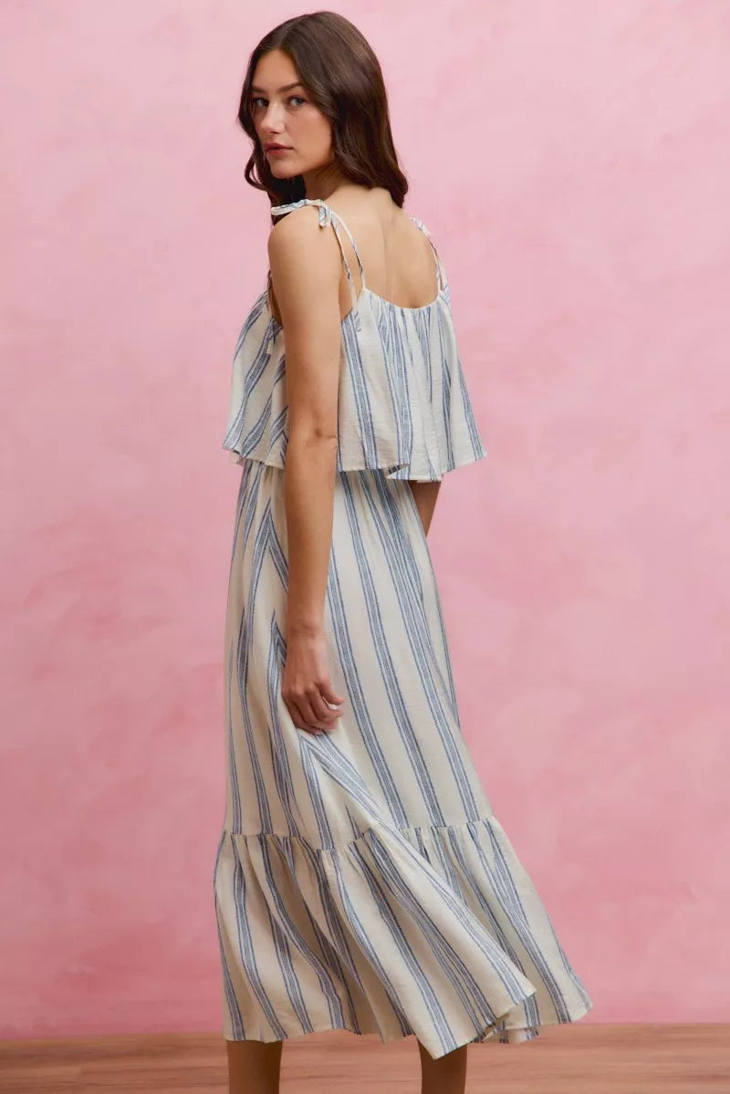 Blue-and-white striped tiered midi dress with tie straps and layered skirt ruffles