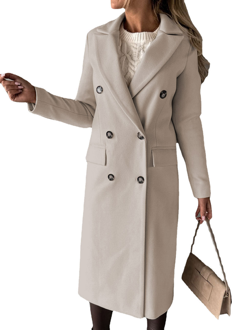 Khaki double-breasted lapel long coat with long sleeves and buttoned front pockets