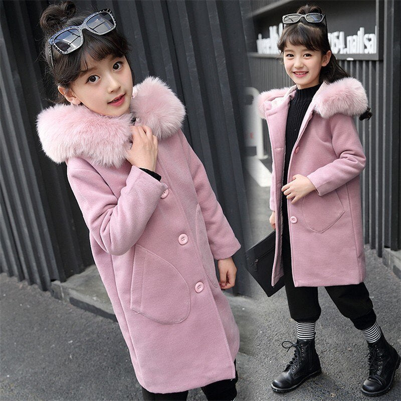 Girls pink long-sleeve hooded coat with faux fur collar and button front, relaxed fit