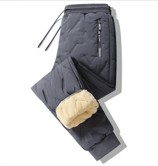 Men's gray fleece-lined sweatpants with drawstring waist, sherpa cuffs, side zipper pocket