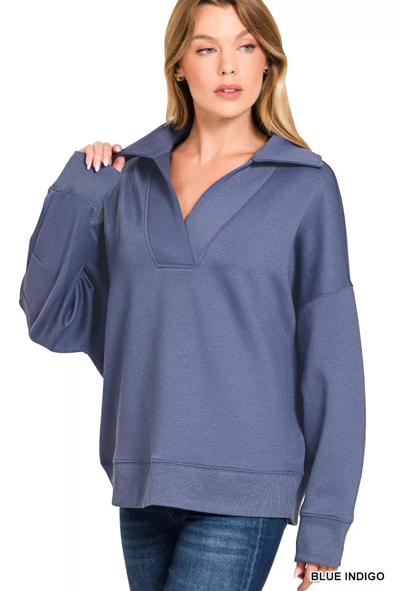 Blue indigo collared pullover with quarter placket and long sleeves