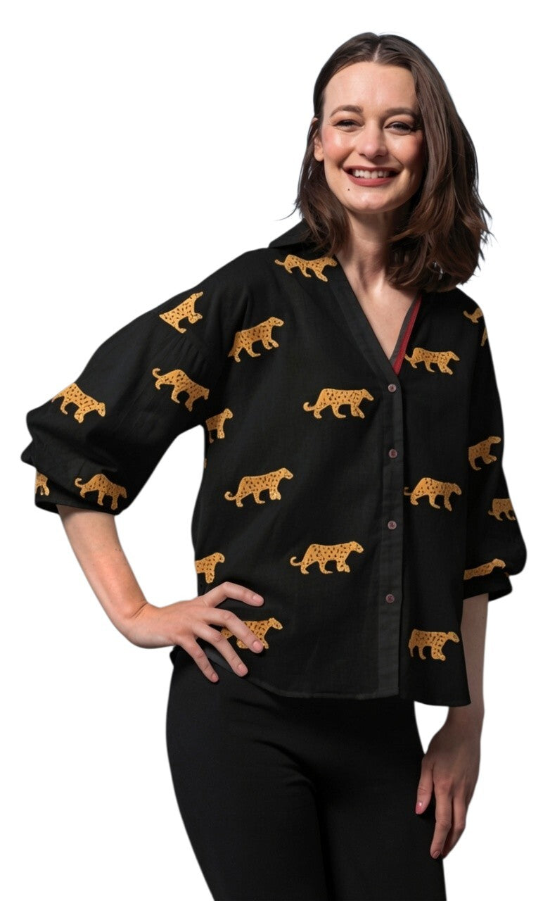 Milano black button-front top with embroidered cheetah motifs, short sleeves