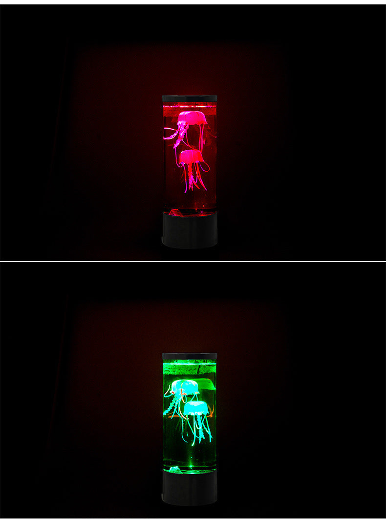 LED jellyfish aquarium night light showing red and green glow modes, black base