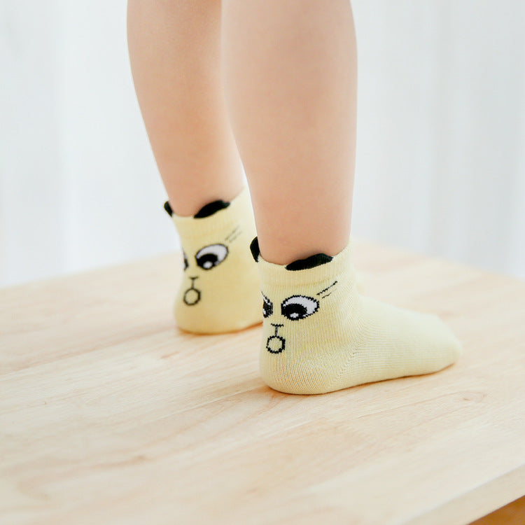Kids cotton ankle socks, pale yellow with panda face embroidery