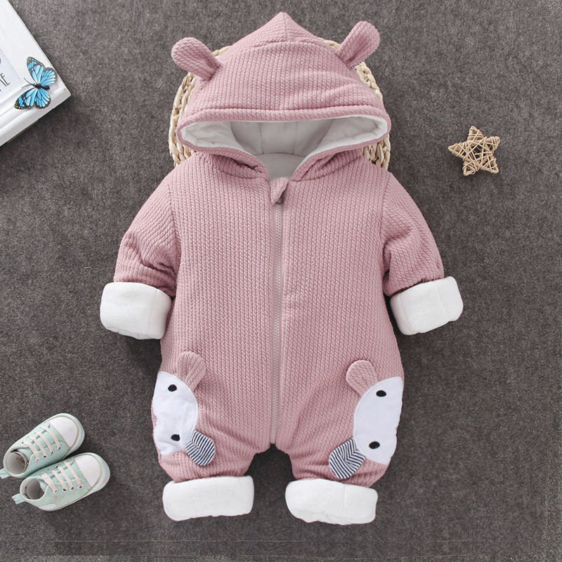 Pink baby winter snowsuit romper with bunny-ear hood, animal pocket prints