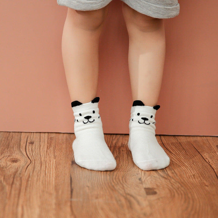 Kids cotton ankle socks, white with black-and-white panda face embroidery