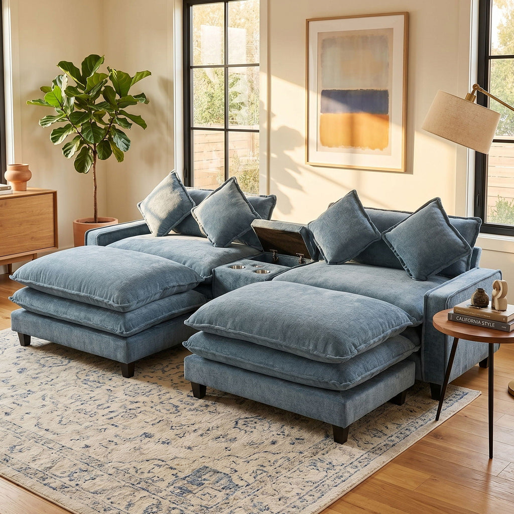Light blue sectional sofa with removable ottomans and square throw pillows on armrests