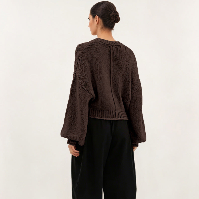 Women’s loose-fit knit sweater, dark brown, round neck, long sleeves, ribbed hem and cuffs