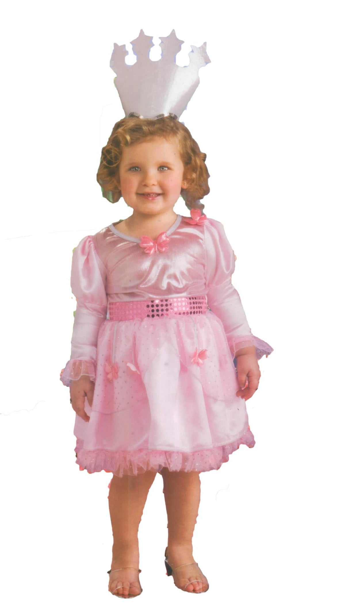 Pink wizard-style costume dress with jeweled belt and matching tiara