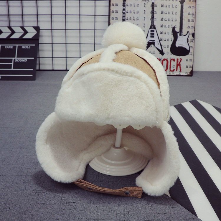 Kids sherpa aviator winter hat with ear flaps, cream fleece and chin strap