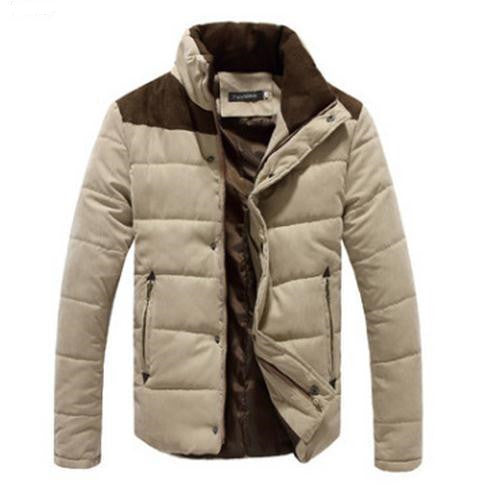 Light khaki padded parka jacket with hood, front zipper, snap pockets