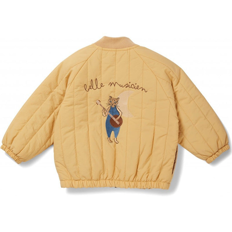 Yellow plush cotton boys jacket, quilted with cartoon character back graphic