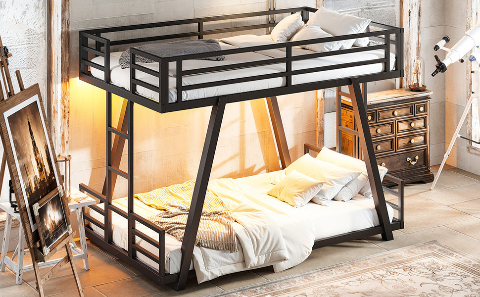 Black metal twin bunk bed shown with bedding and side ladders