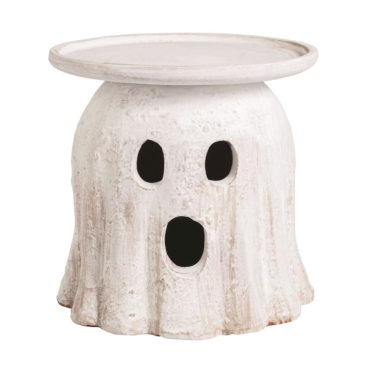 White ghost Halloween pillar candle holder with black cutout eyes and open mouth