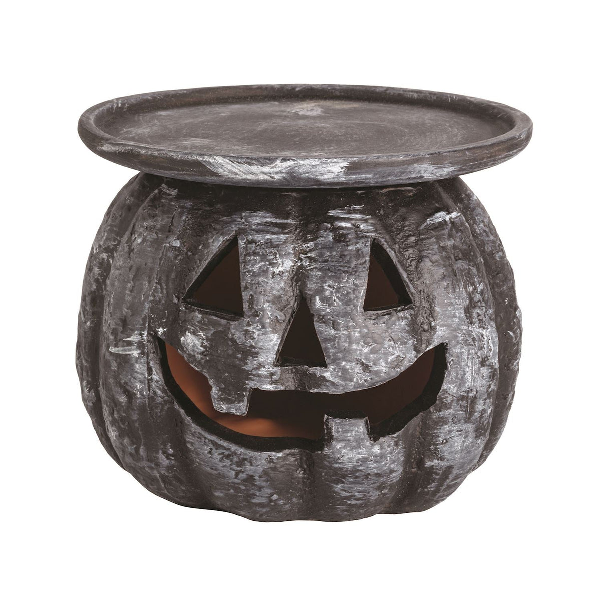 Dark gray Halloween pillar candle holder with cutout jack-o'-lantern face and wide top rim