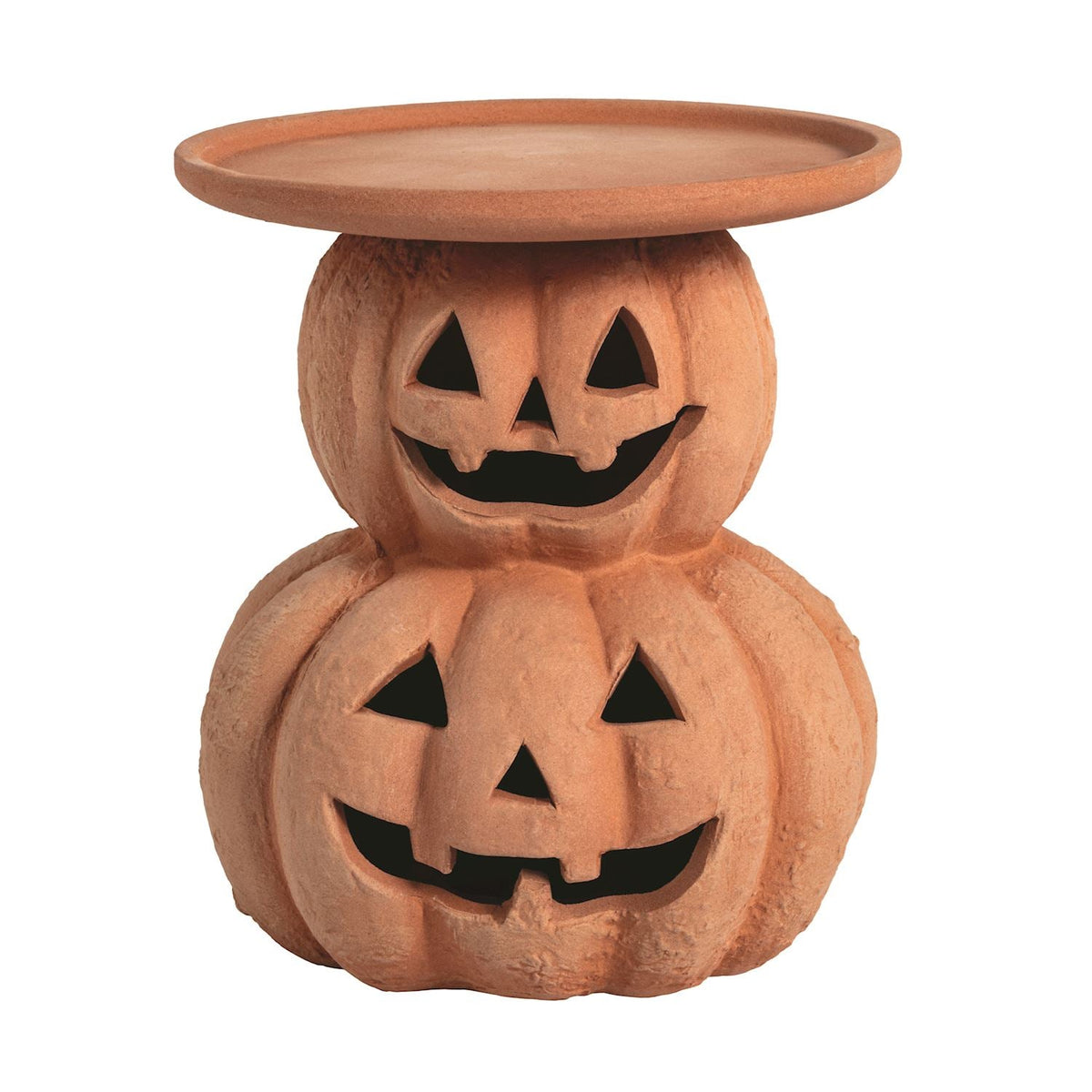 Terracotta pumpkin Halloween pillar candle holder with stacked cutout jack-o'-lantern faces
