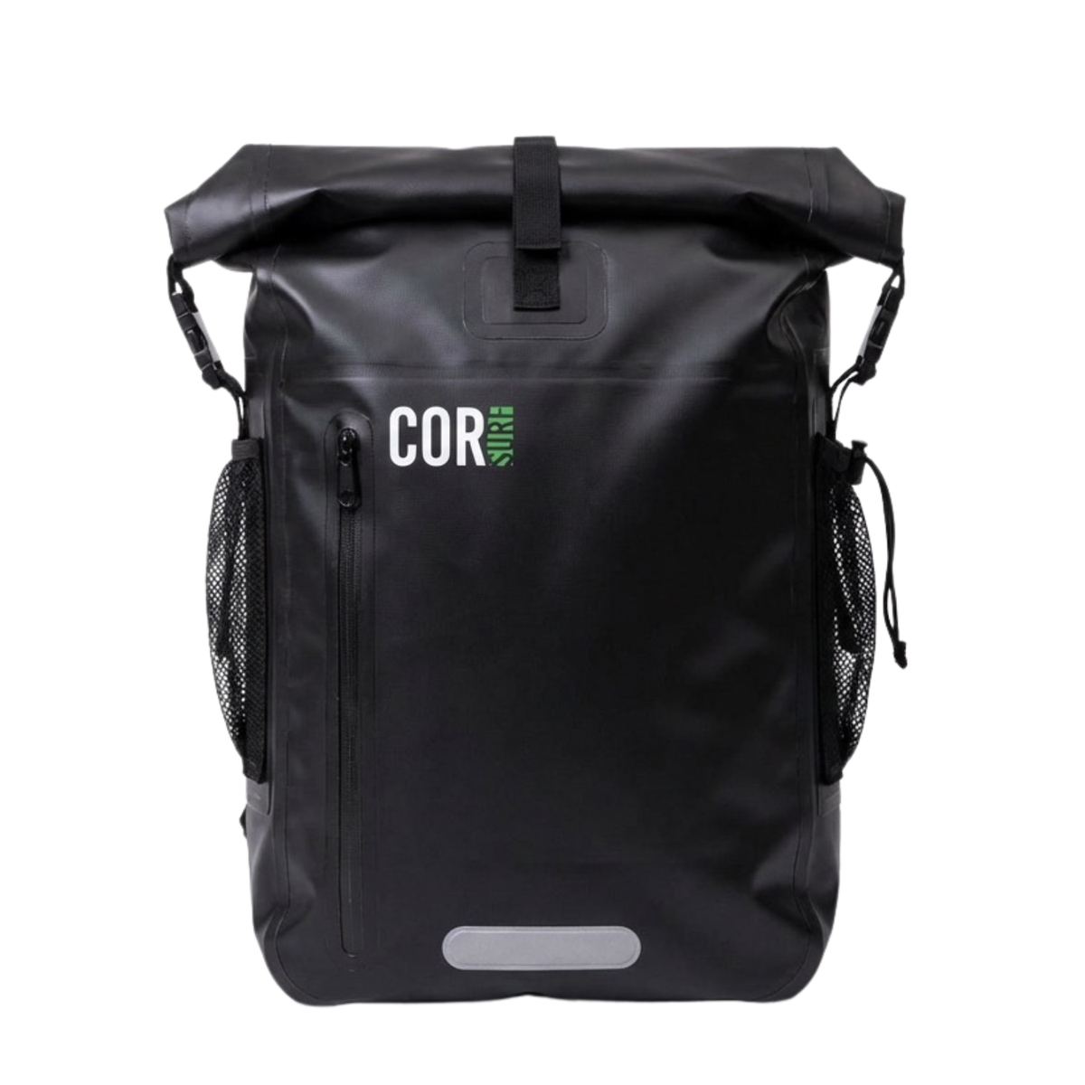 Black 40L waterproof dry bag backpack with roll-top buckle and front vertical zip pocket