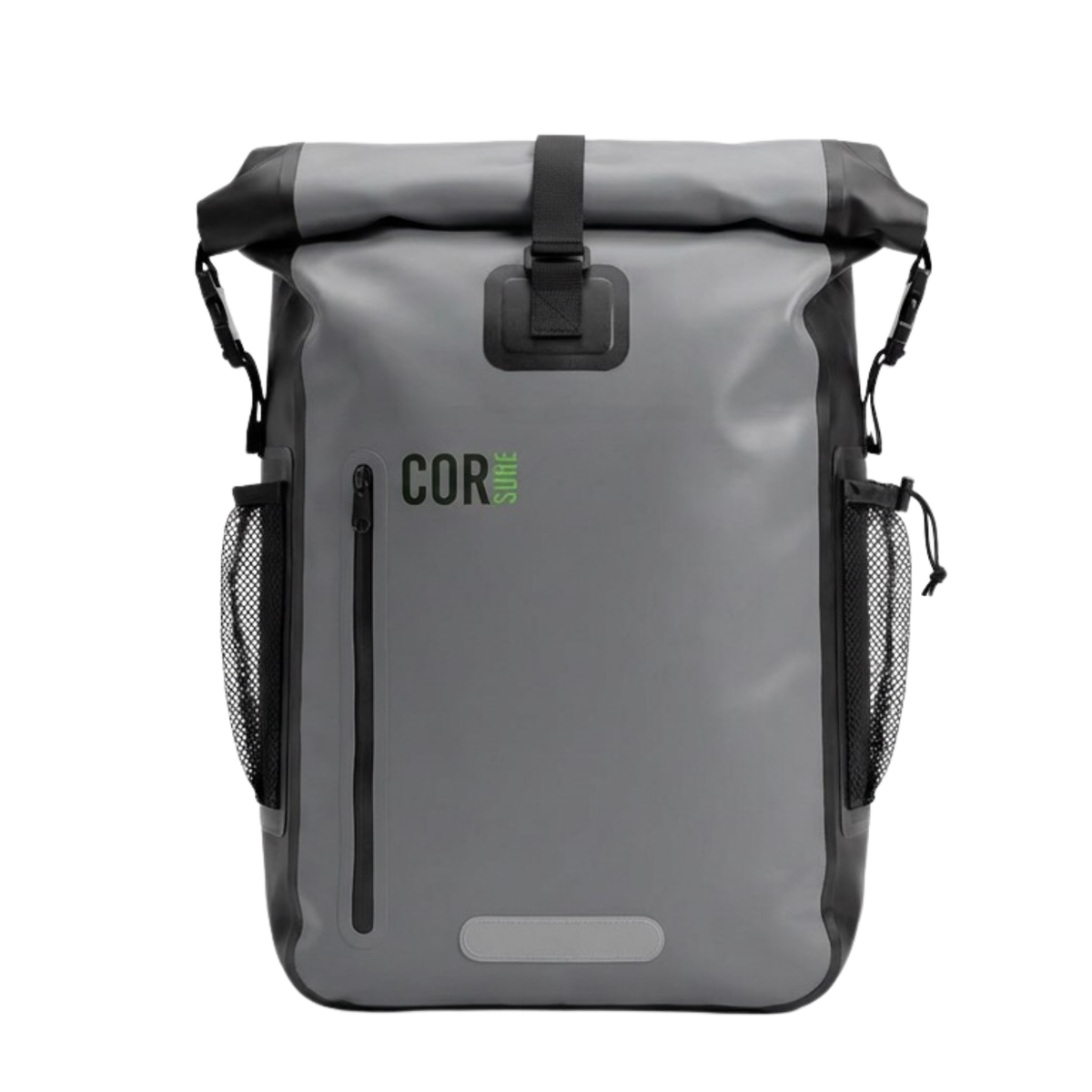 Grey 40L waterproof dry bag backpack with roll-top buckle and side mesh pockets