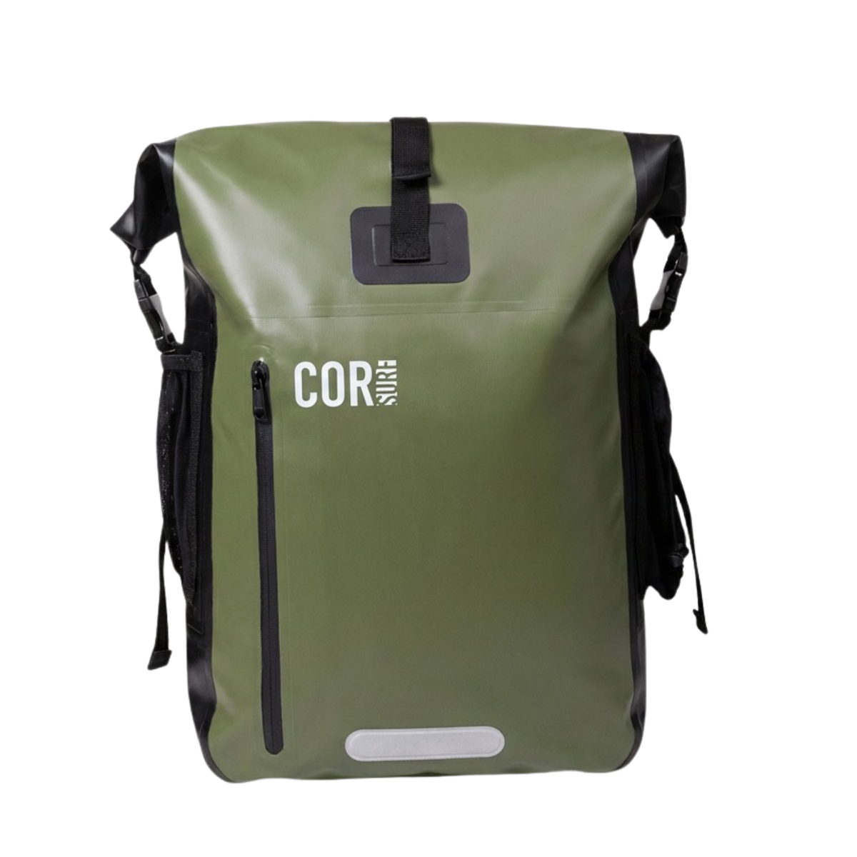 Green waterproof dry bag backpack with roll-top closure, front zipper pocket, shoulder straps