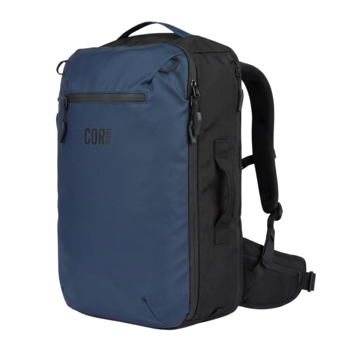 Midnight blue carry-on travel backpack with side handle and side zipper pocket
