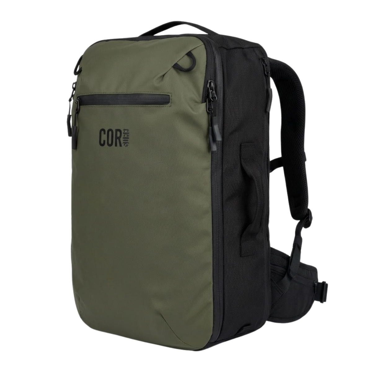 40L carry-on backpack in dark olive green with front zip pocket and top handle