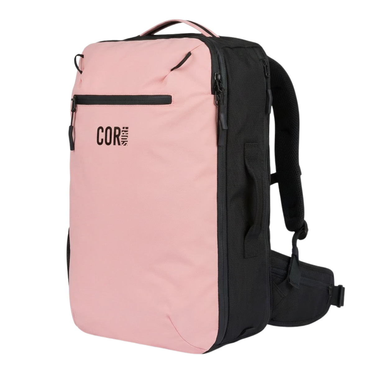 40L carry-on backpack in light pink with front zip pocket and top carry handle