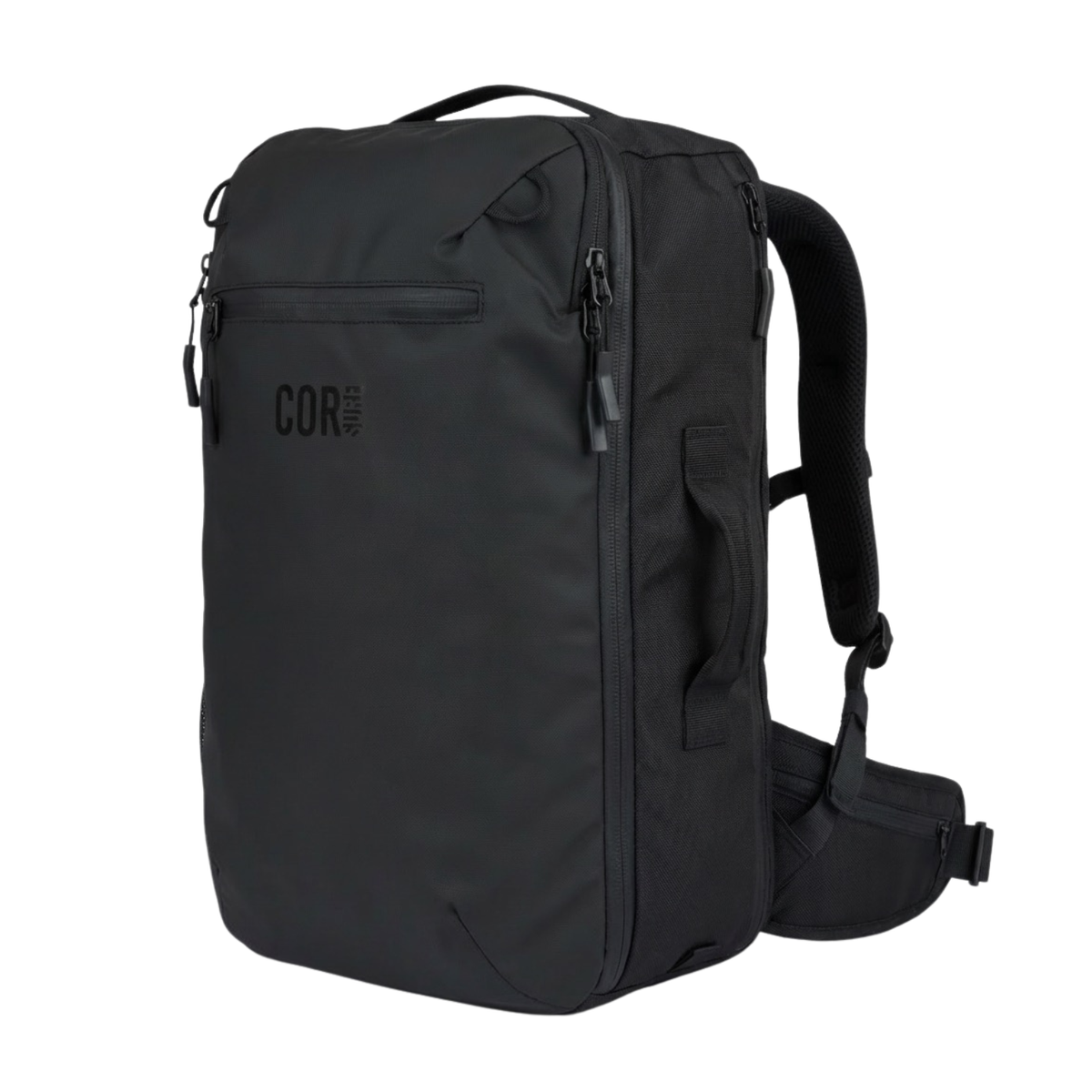 Black carry-on travel backpack with side handle and side zipper pocket