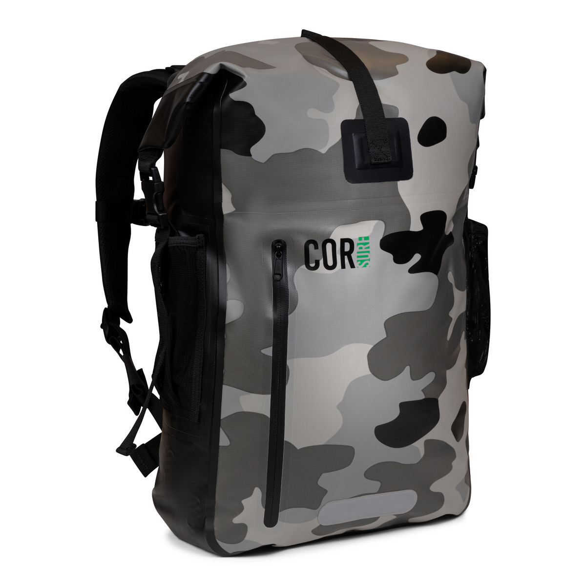Camo 40L waterproof dry bag backpack with roll-top buckle and front vertical zip pocket