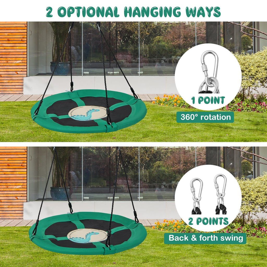Green round saucer swing with black ropes and hanging hook options shown