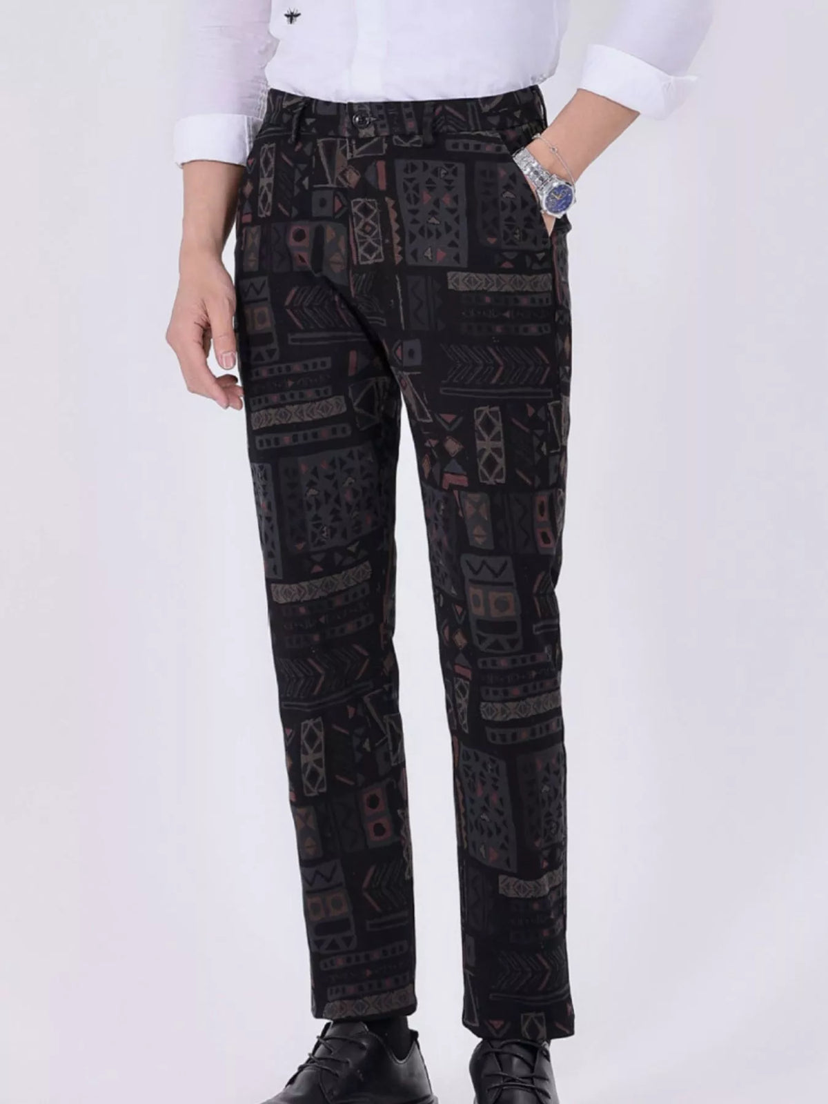 Men's black printed casual pants with front fly and slim straight leg