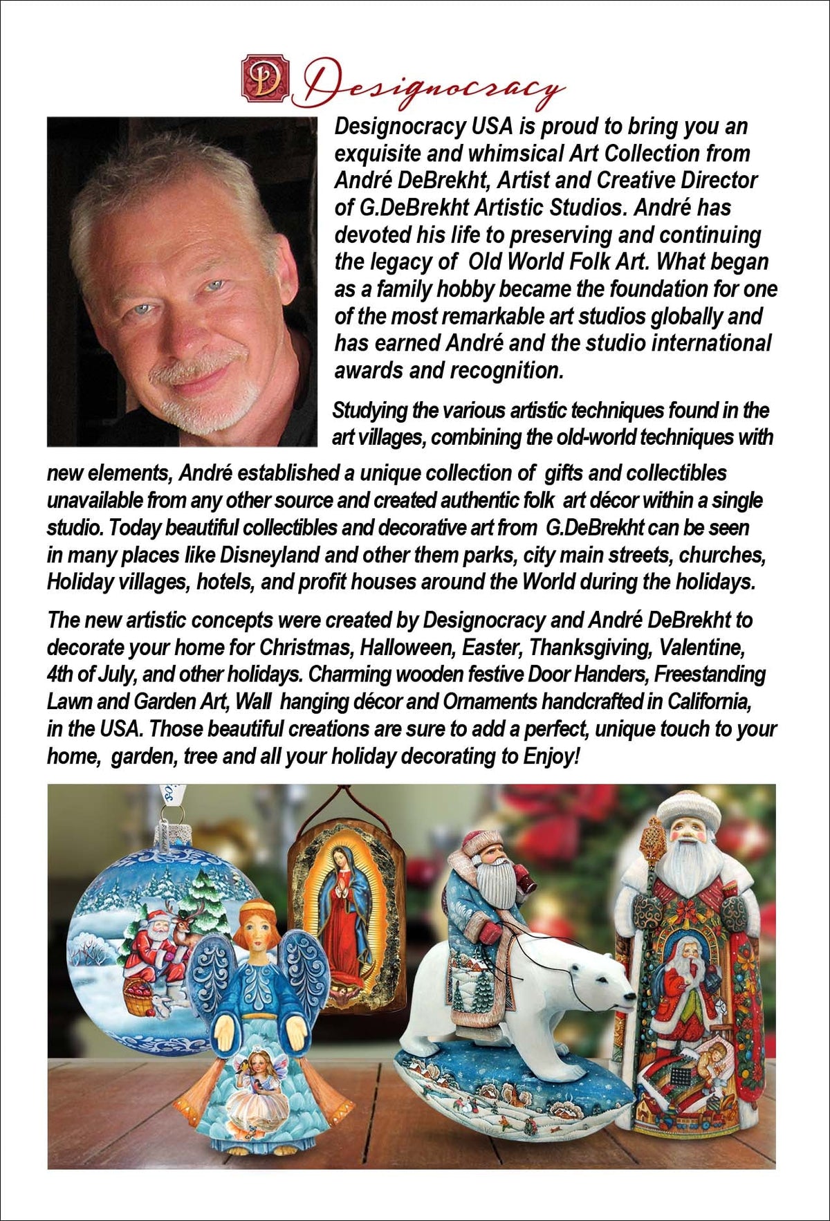Designocracy informational card with portrait and holiday decor artwork photos