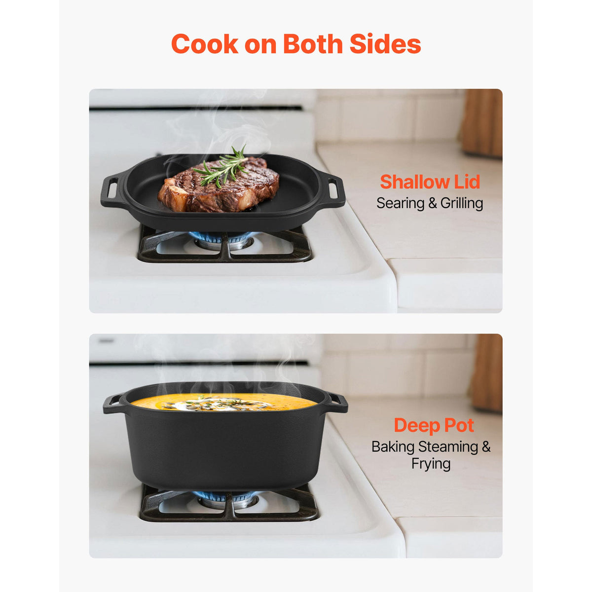Black cast iron Dutch oven on stovetop with lid on and lid off for cooking