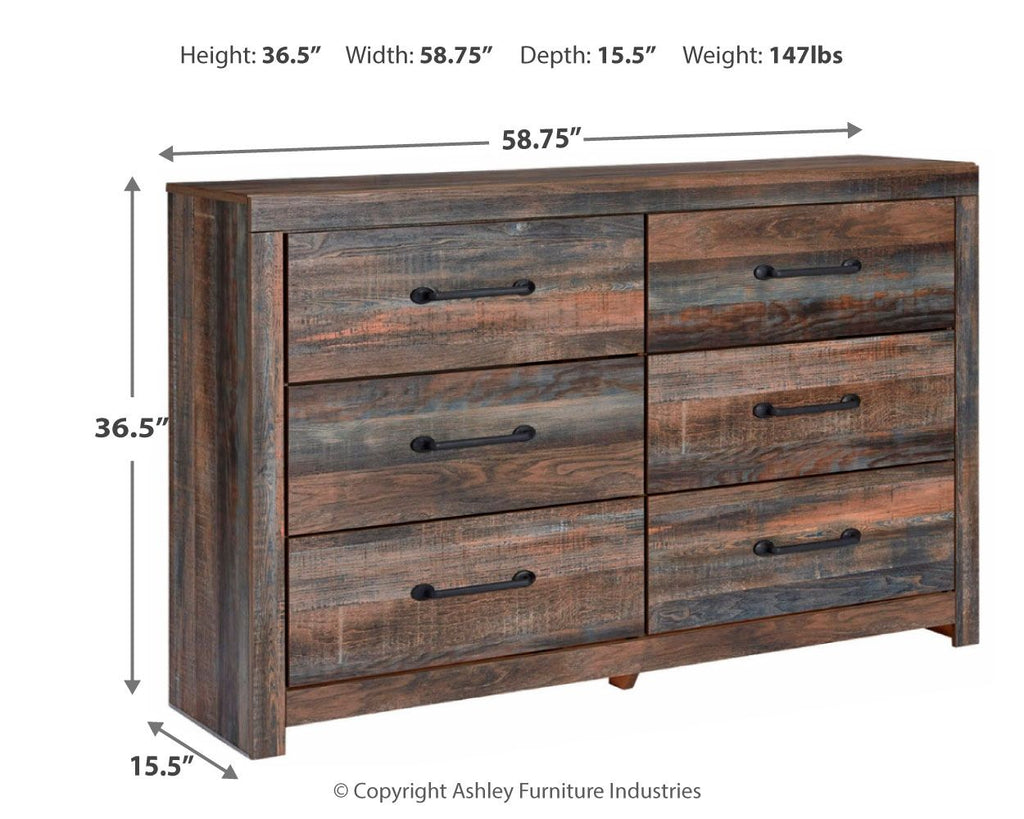 Wood dresser with 6 drawers, gray-brown finish and black knobs (dimensions shown)
