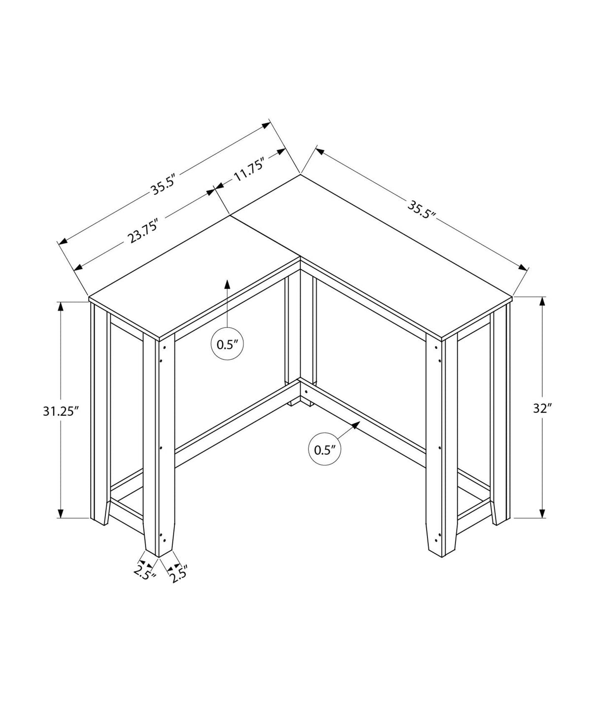 Gray corner accent console table diagram with dimensions and interior corner panels