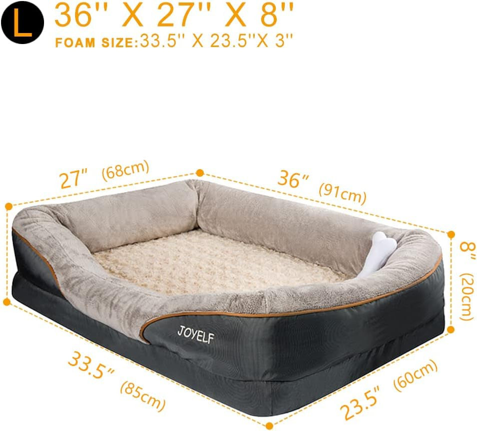 Large dog bed size diagram: 36 x 27 x 8 in, gray cover with orange trim
