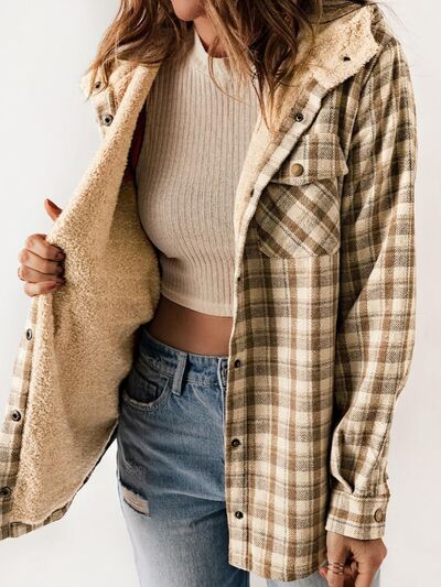 Tan plaid hooded snap-front jacket with plush sherpa lining