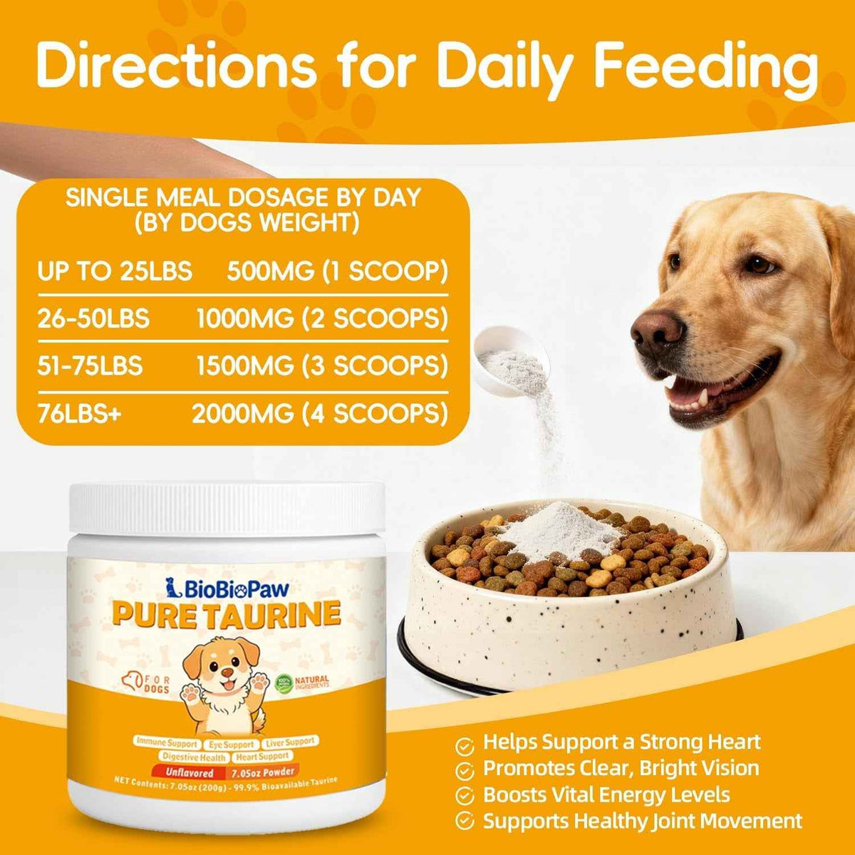 BioBioPaw taurine powder tub, scoop, and dog food bowl with feeding directions