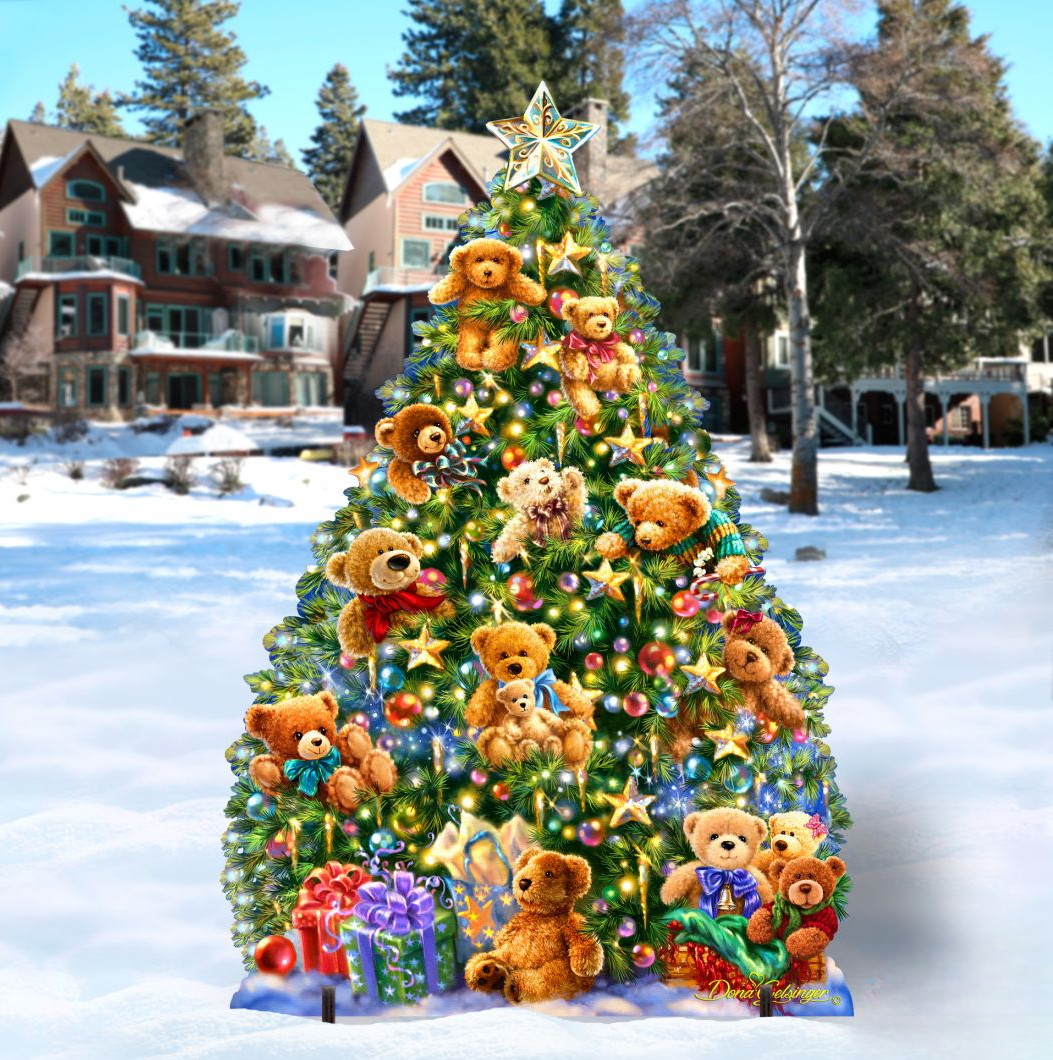 Outdoor yard sign shaped like a teddy bear Christmas tree with lights, gifts, and star topper