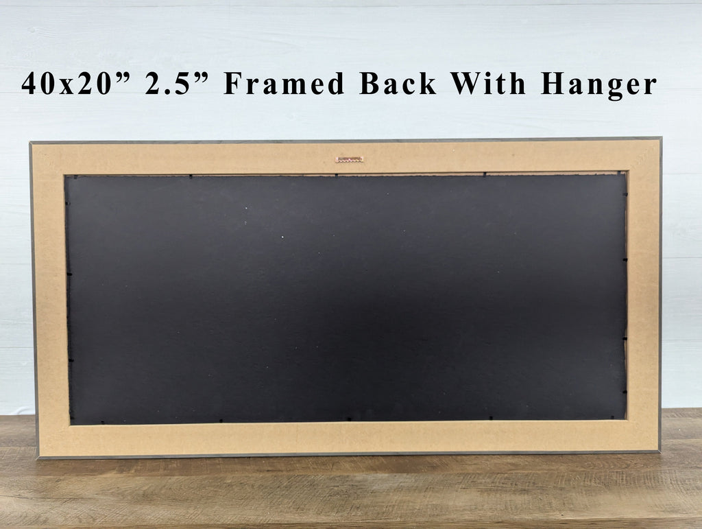 40x20 framed wall art back with hanging hardware, light wood frame and dark backing