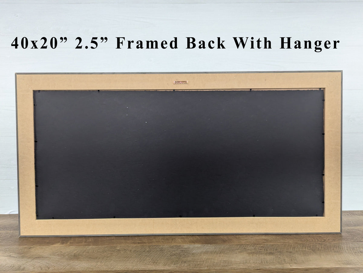 40x20 framed wall art back with hanging hardware, light wood frame and dark backing